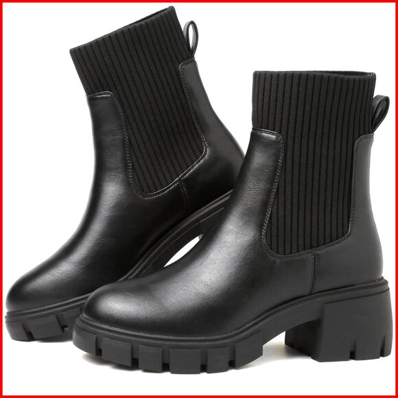 Platform Chelsea Boots Chunky Heel Lug Sole Ankle Booties Leather Lining